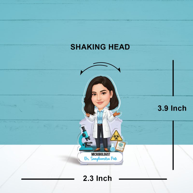 Personalized Microbiologist Female Scientist Caricature Tabletop Gift for Lab Professionals, Researchers & Clinical Labs Appreciation Gift for Doctor | Battery Powered Moving Head